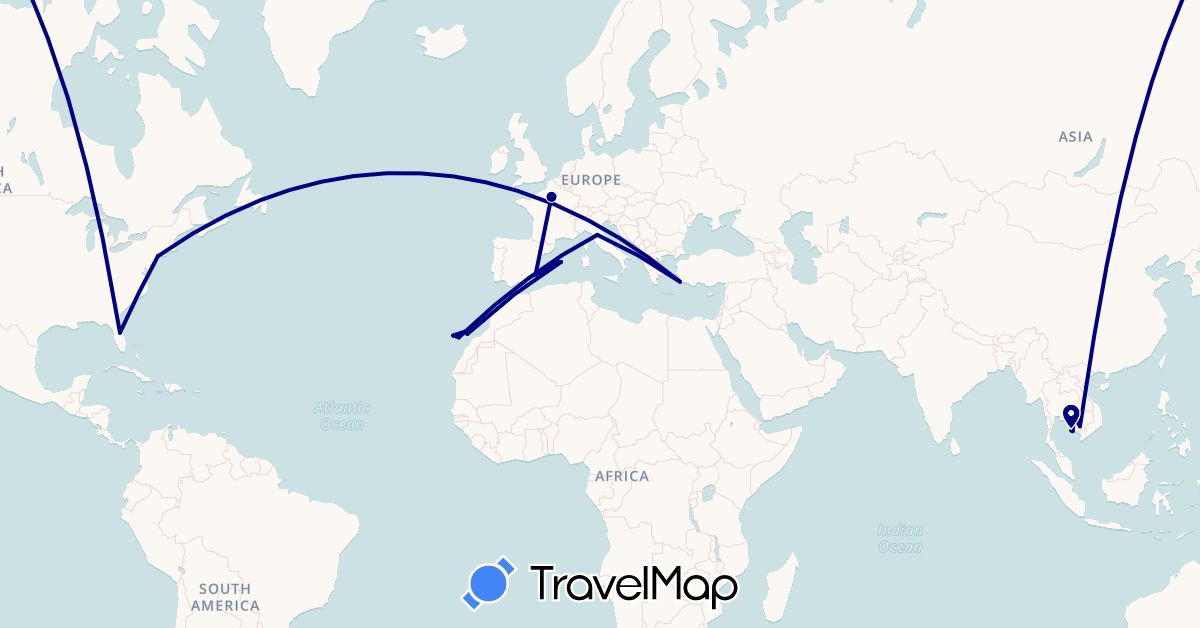 TravelMap itinerary: driving in Spain, France, Greece, Italy, Cambodia, United States (Asia, Europe, North America)